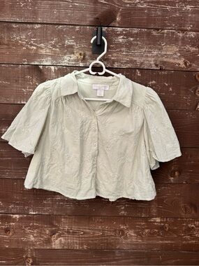 Caroline Constas Sage Green Embroidered Puff-Sleeve Button-Up Cropped Top